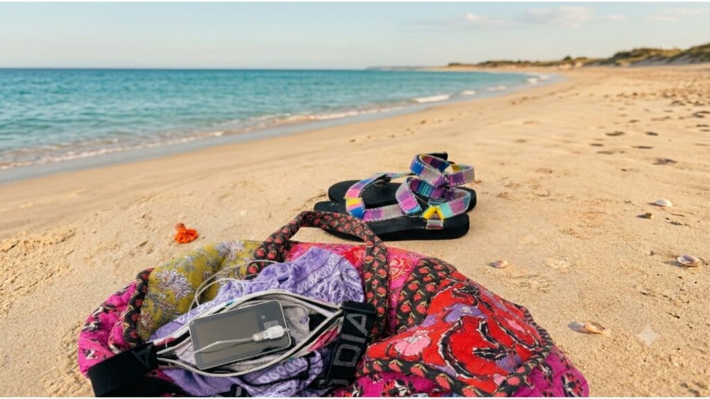 Sac de plage contenant une pompe à insuline débranchée, pour préparer l'été avec un enfant DT1